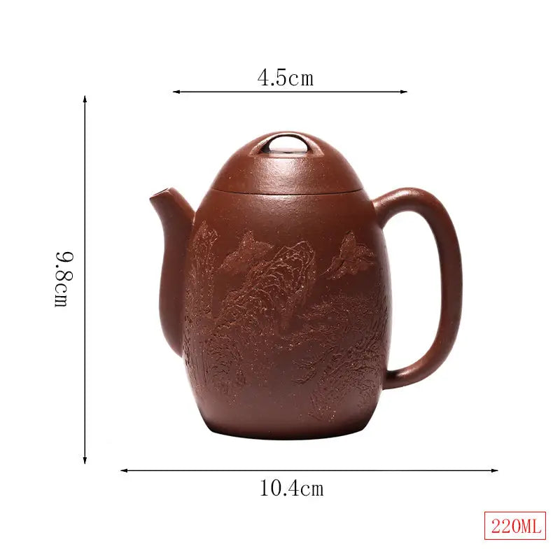 Brown Yixing Zisha Mountain River teapot with dimensions, 220ml Mountain River design