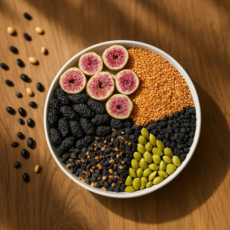 Bowl of figs seeds and berries in Natural Progesterone Tea Golden Flaxseed Health Tea for menstrual cramps relief