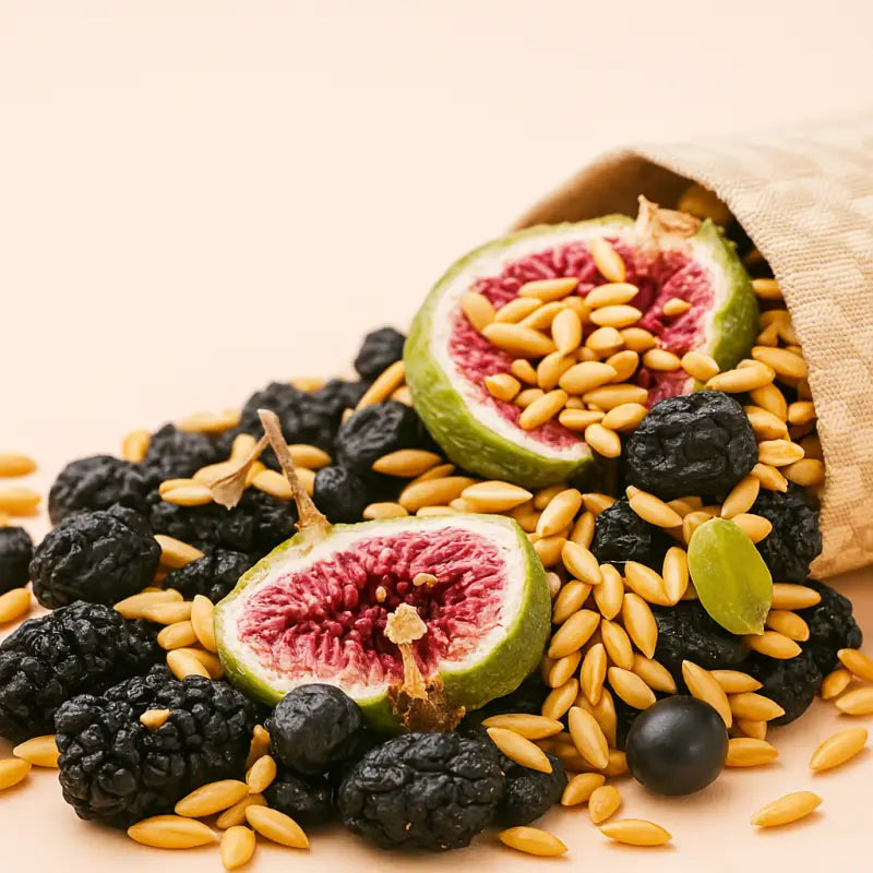 Dried fruit and seeds spilling from a bag of natural progesterone tea golden flaxseed health tea menstrual cramps relief