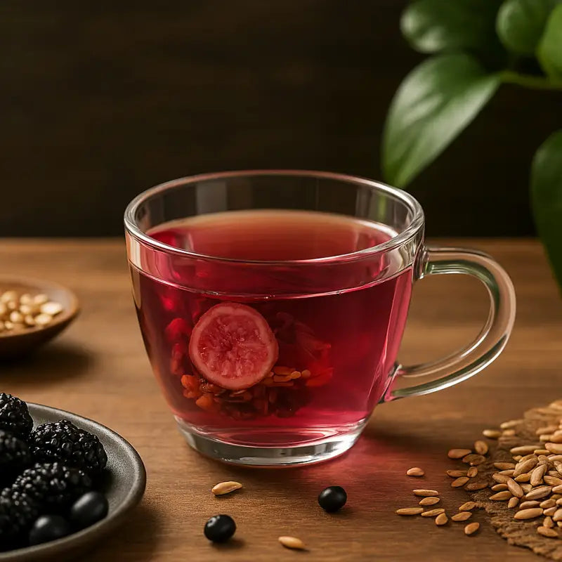 Berry-infused tea in a clear glass mug from Natural Progesterone Tea for menstrual cramps relief