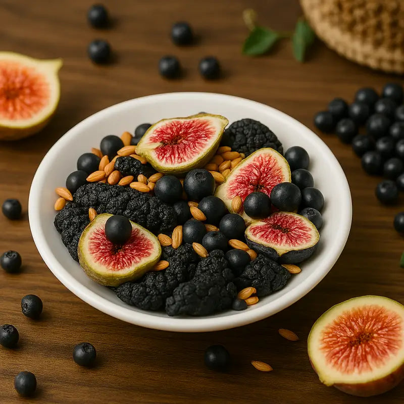 Bowl of figs mulberries blueberries and almonds for natural progesterone tea and menstrual cramps relief