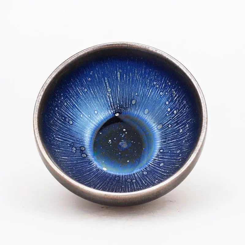 Blue glazed ceramic bowl with tenmoku glaze for zhan tea in the Night Sky collection