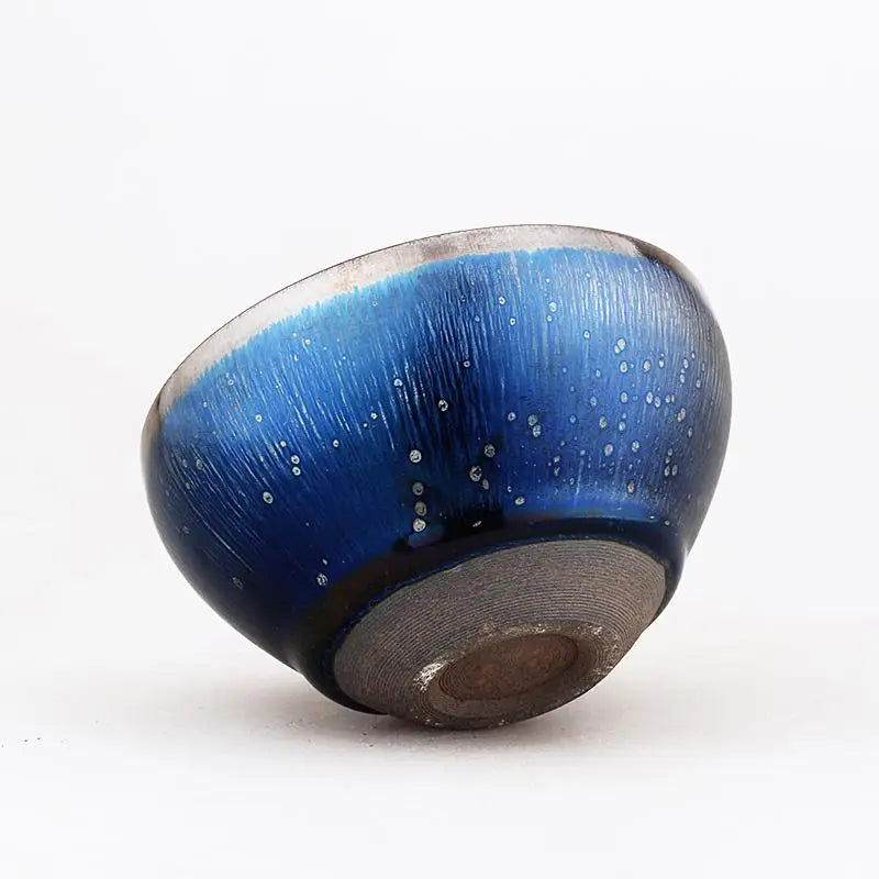 Blue glazed ceramic bowl with tenmoku glaze from the Night Sky Zhan Tea collection