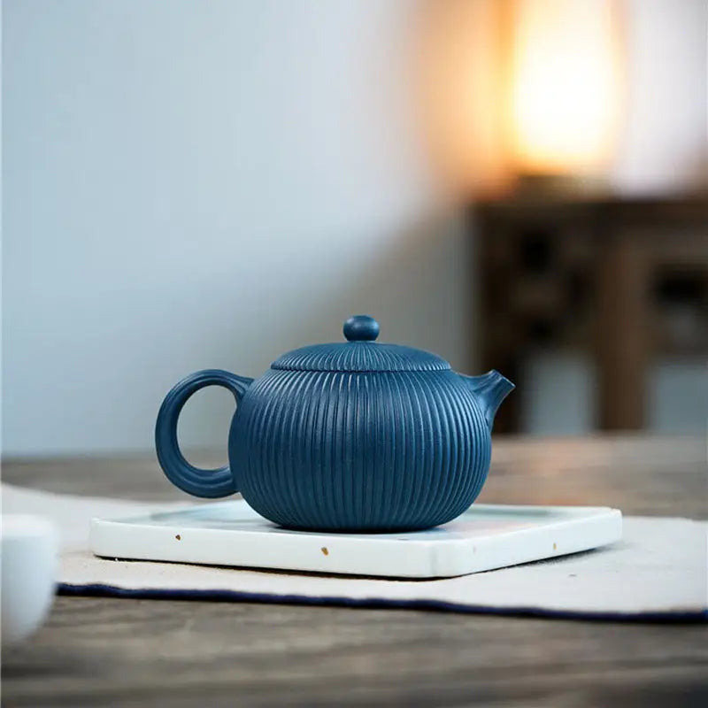 Blue ridged teapot with vertical ridges from Not Suitable featuring a Midnight Ripple yixing zisha teapot