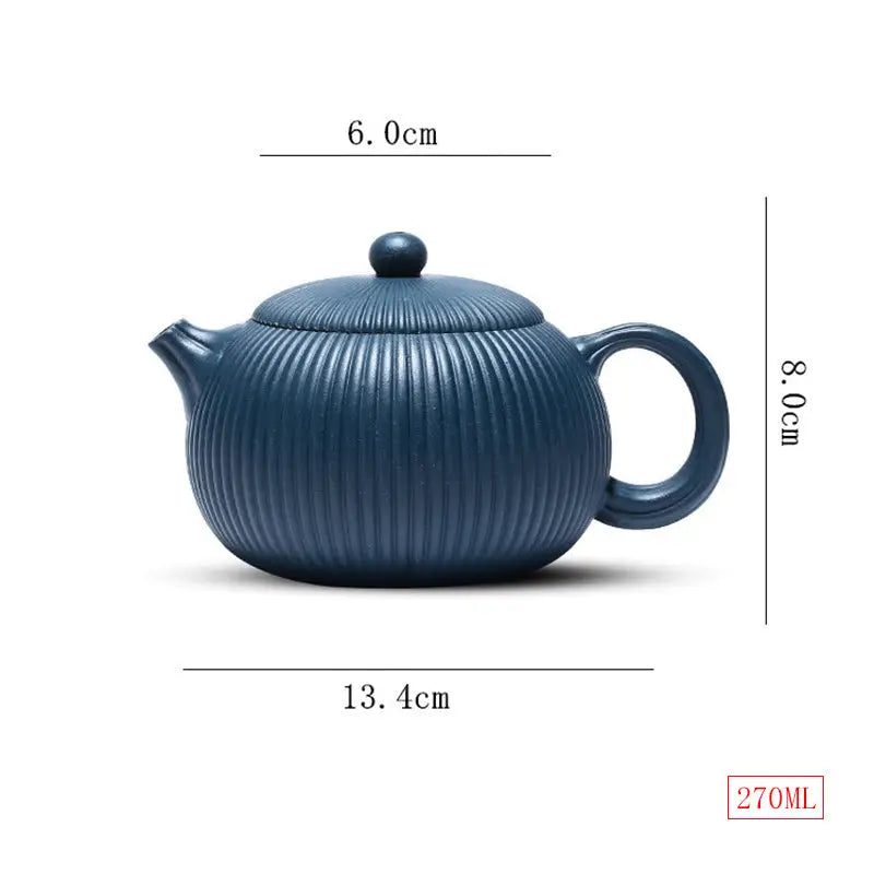 Blue Yixing Zisha Teapot with Midnight Ripple finish and vertical ridges design
