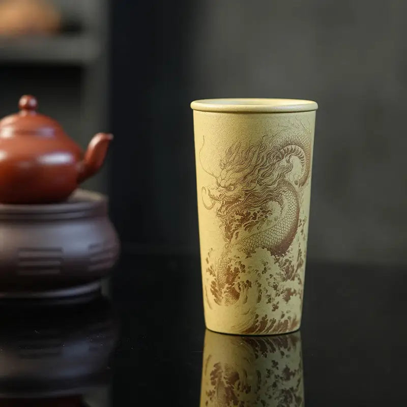 Ocean Dragon ceramic tea tumbler with dragon design, ideal for yixing zisha teapots