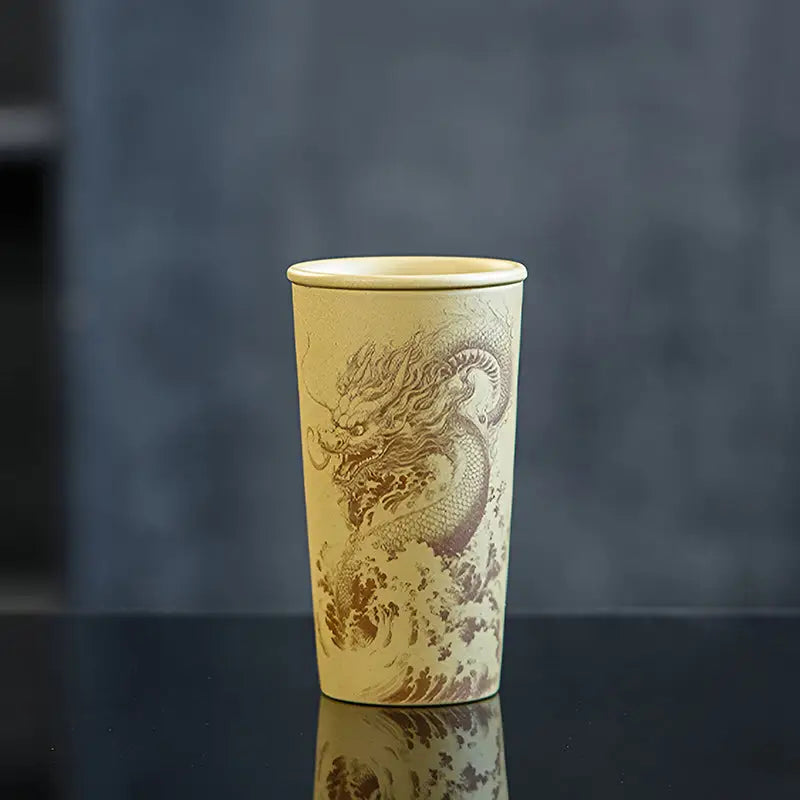 Tall tan Yixing Zisha Ocean Dragon teapot with intricate dragon design