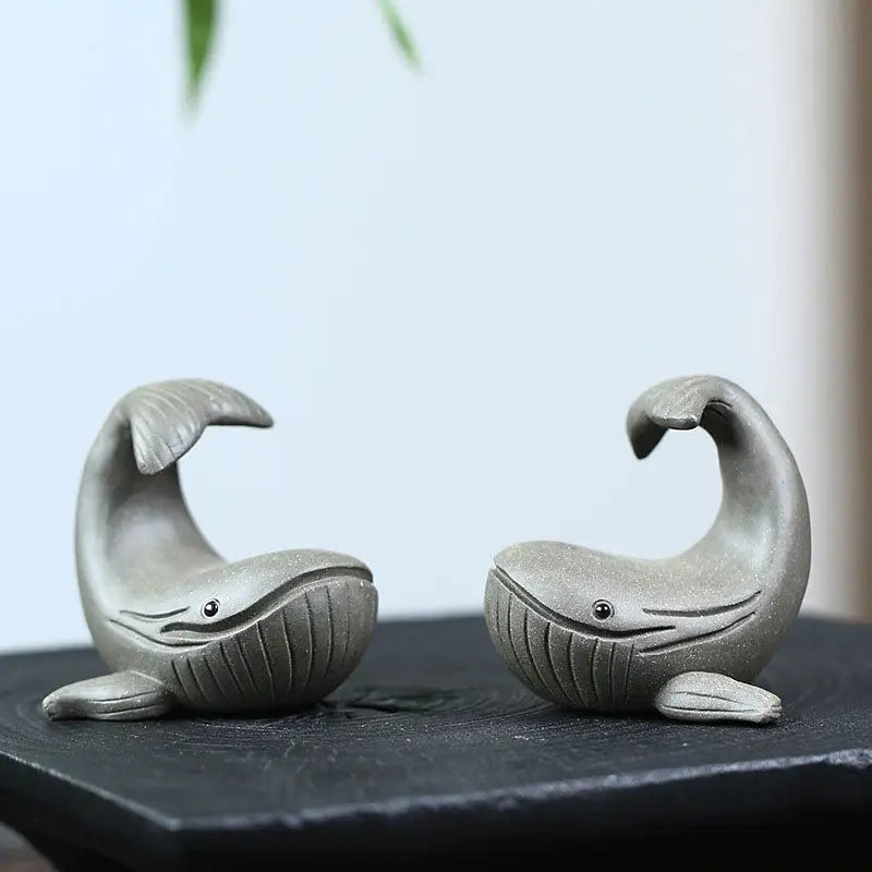 Two gray whale figurines from Ocean Whisper whale tea pet collection made with Yixing Zisha clay
