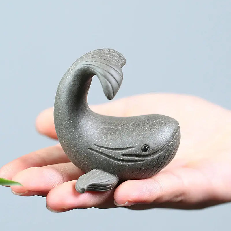 Gray ceramic whale figurine from Ocean Whisper, perfect whale tea pet and yixing zisha clay guide
