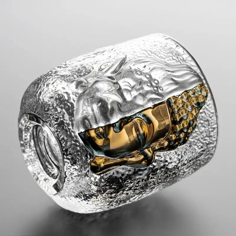 Textured glass tumbler with golden frog for spiritual symbolism and buddha ice crackle style
