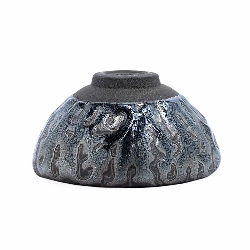 Textured metallic-glazed ceramic Oni bowl perfect for Jian Zhan tea and Zhan tea brewing