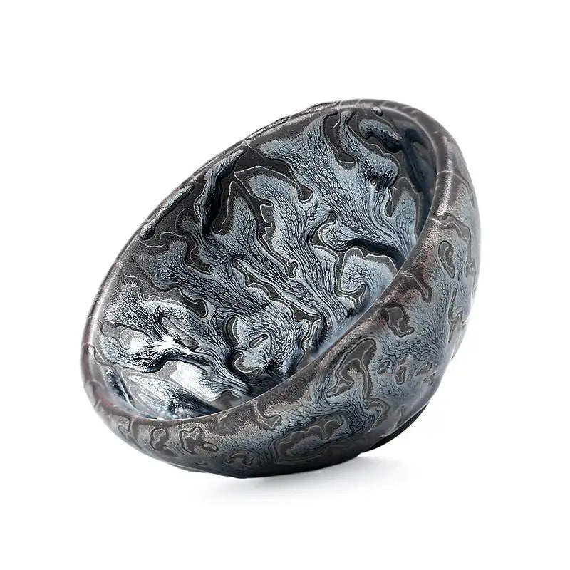 Oni Swirled gray and black Jian Zhan tea bowl for Zhan tea brewing and display