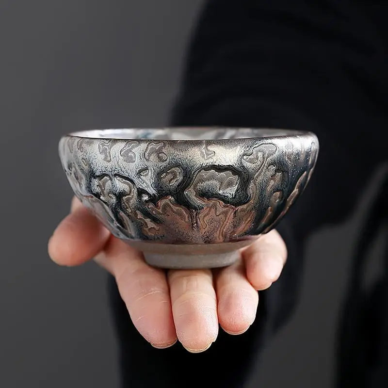 Silver and black patterned ceramic Oni bowl ideal for Jian Zhan tea and Zhan tea brewing
