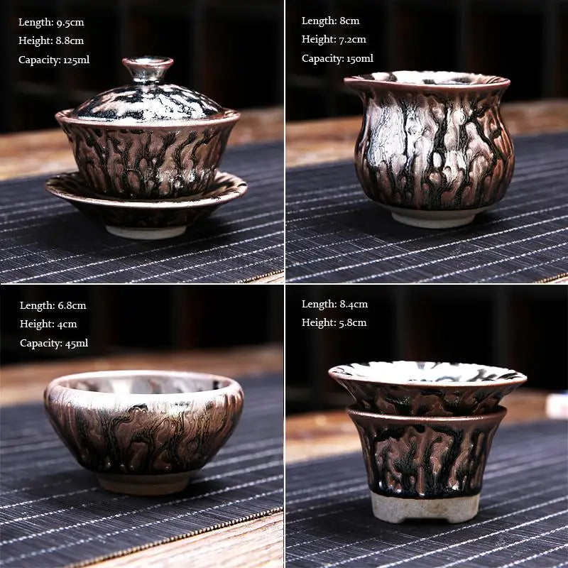 Ceramic Oni Tea Set with four uniquely glazed tea cups for a stylish tea set experience