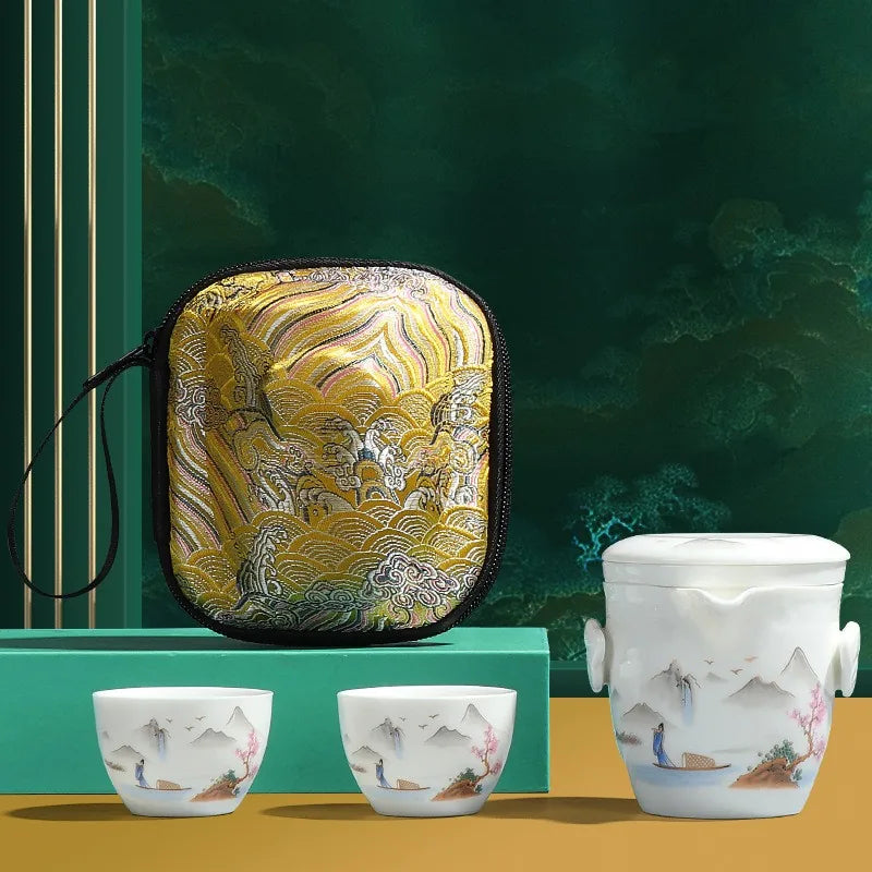Painted Porcelain Travel Tea Set – Boating on the Lake