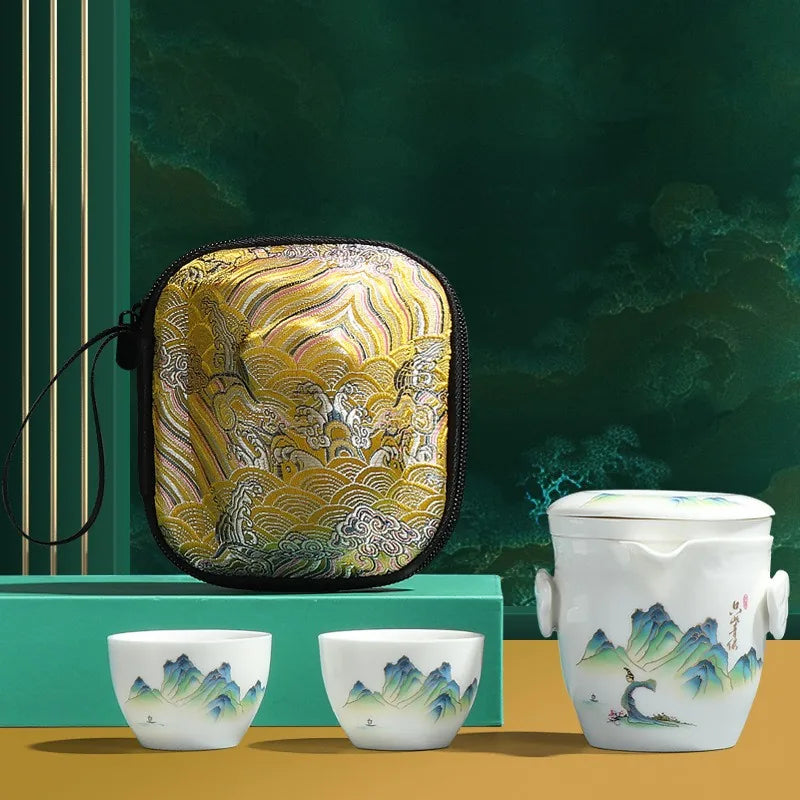 Painted Porcelain Travel Tea Set – Green Landscape