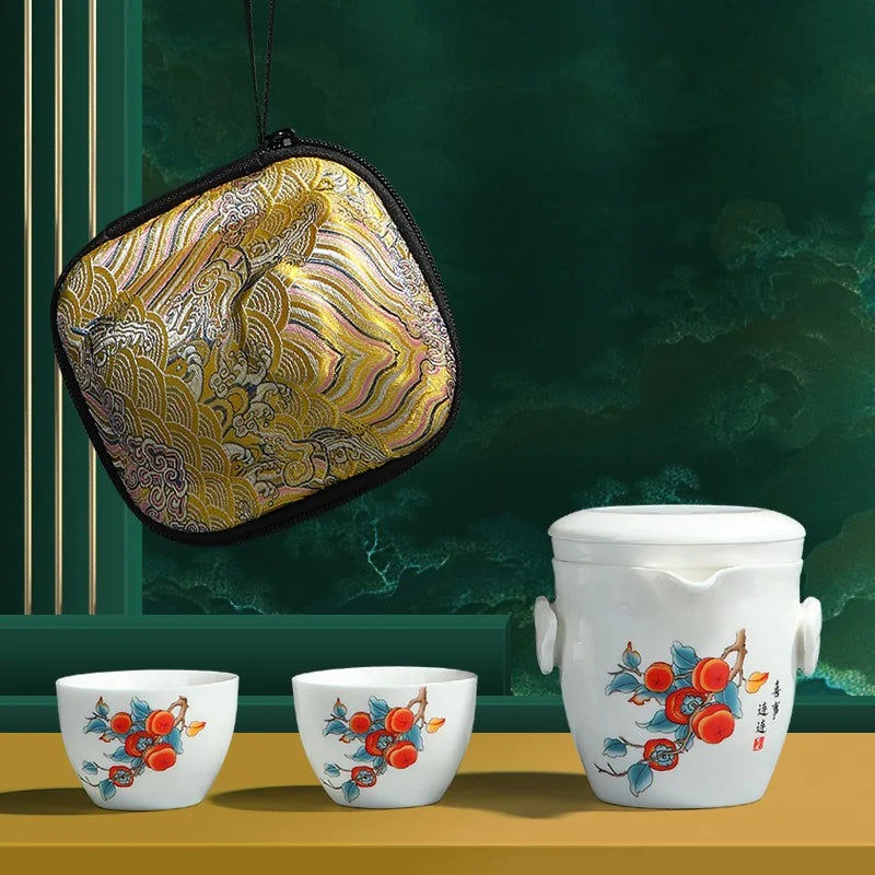Painted jade-white porcelain travel tea set with hand-grip teapot, two cups and zip case – photo 1