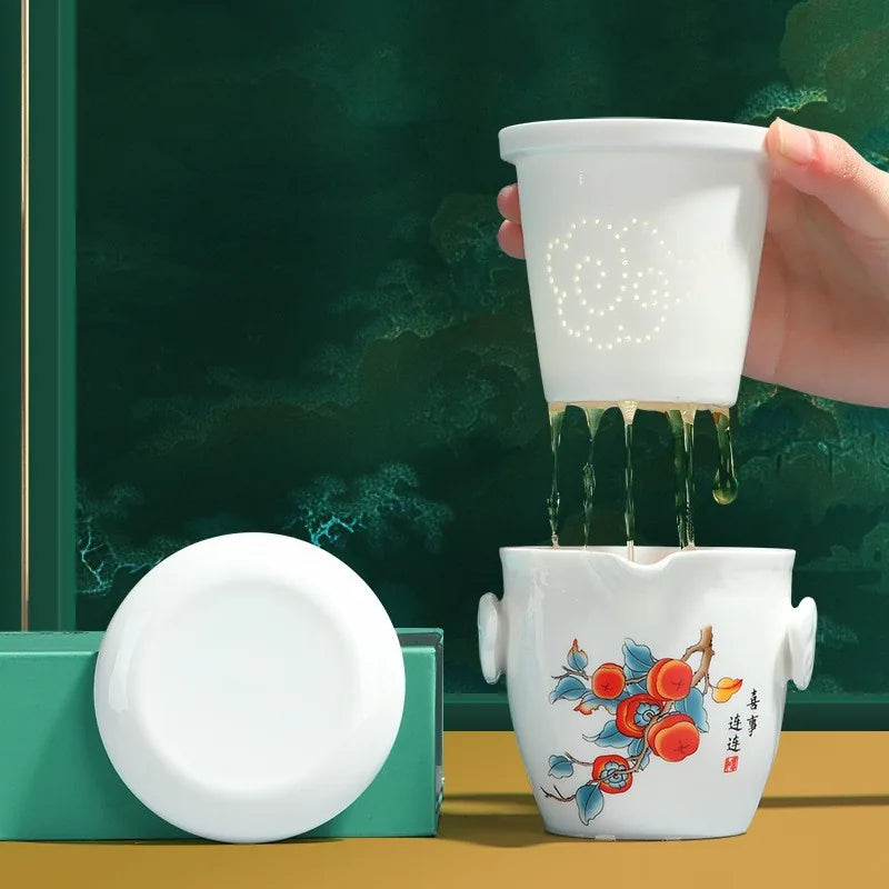 Painted jade-white porcelain travel tea set with hand-grip teapot, two cups and zip case – photo 2