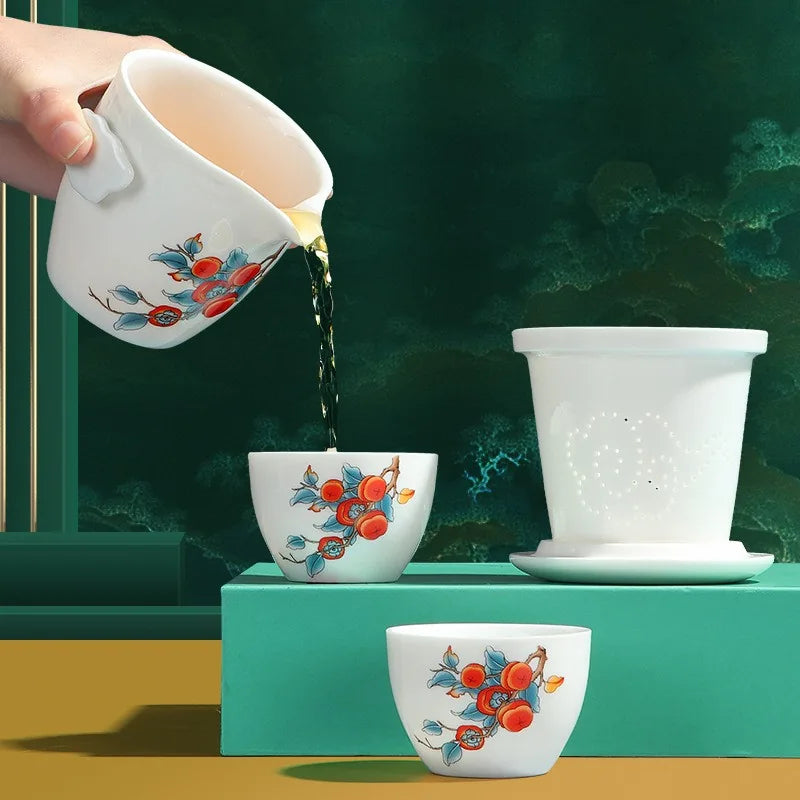 Painted jade-white porcelain travel tea set with hand-grip teapot, two cups and zip case – photo 3