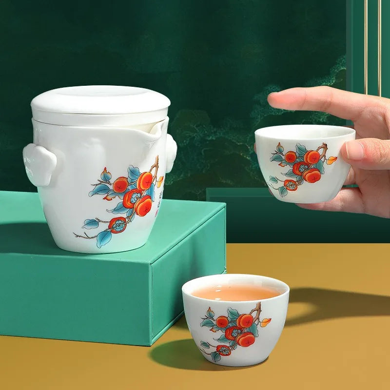 Painted jade-white porcelain travel tea set with hand-grip teapot, two cups and zip case – photo 4