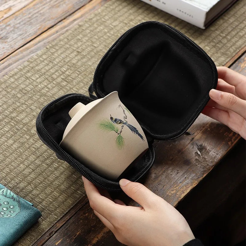 Coarse stoneware travel tea set with filter teapot, two cups and grey zip case – photo 4