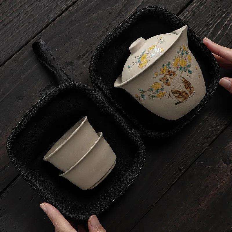 Painted coarse stoneware travel tea set with filter teapot, two cups and zip case – photo 3