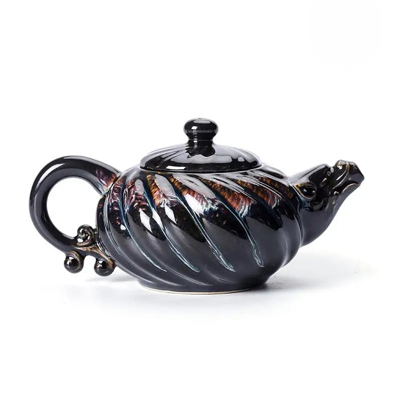 Black ceramic Palm Teapot with tenmoku glaze, ideal for gongfu tea brewing