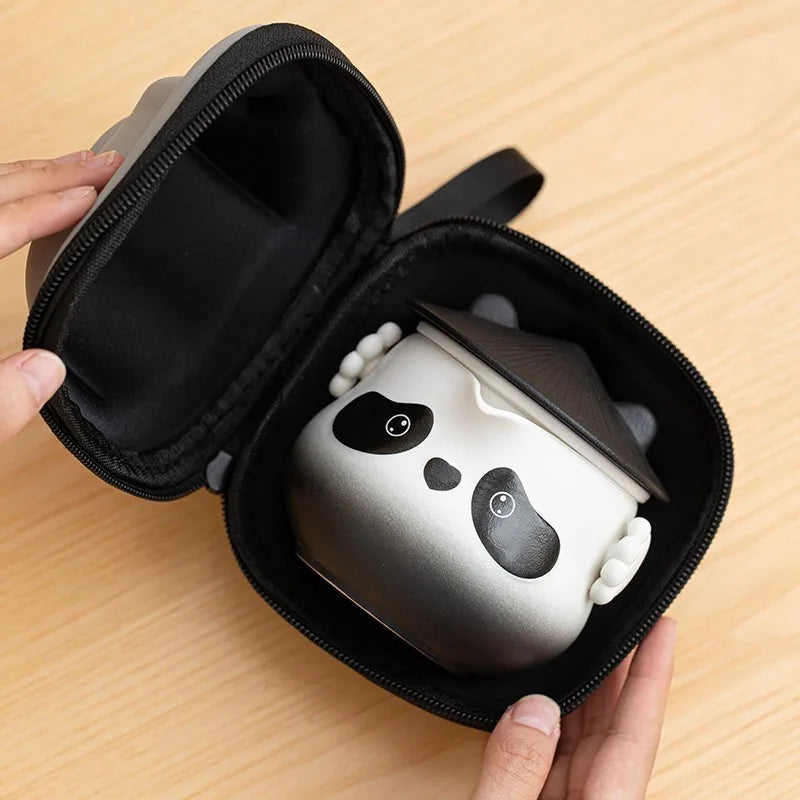 Panda-shaped porcelain kuaike travel tea set with two cups and grey zip case – photo 2