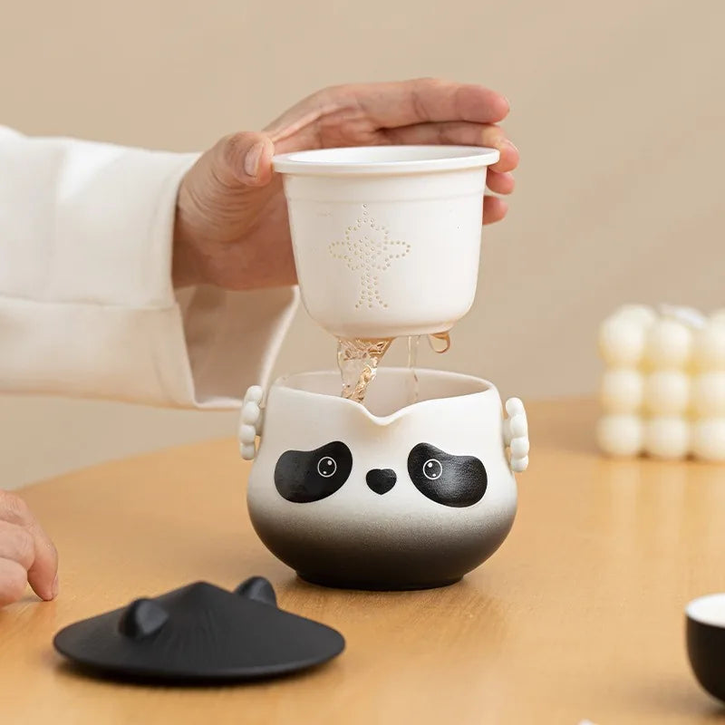 Panda-shaped porcelain kuaike travel tea set with two cups and grey zip case – photo 4