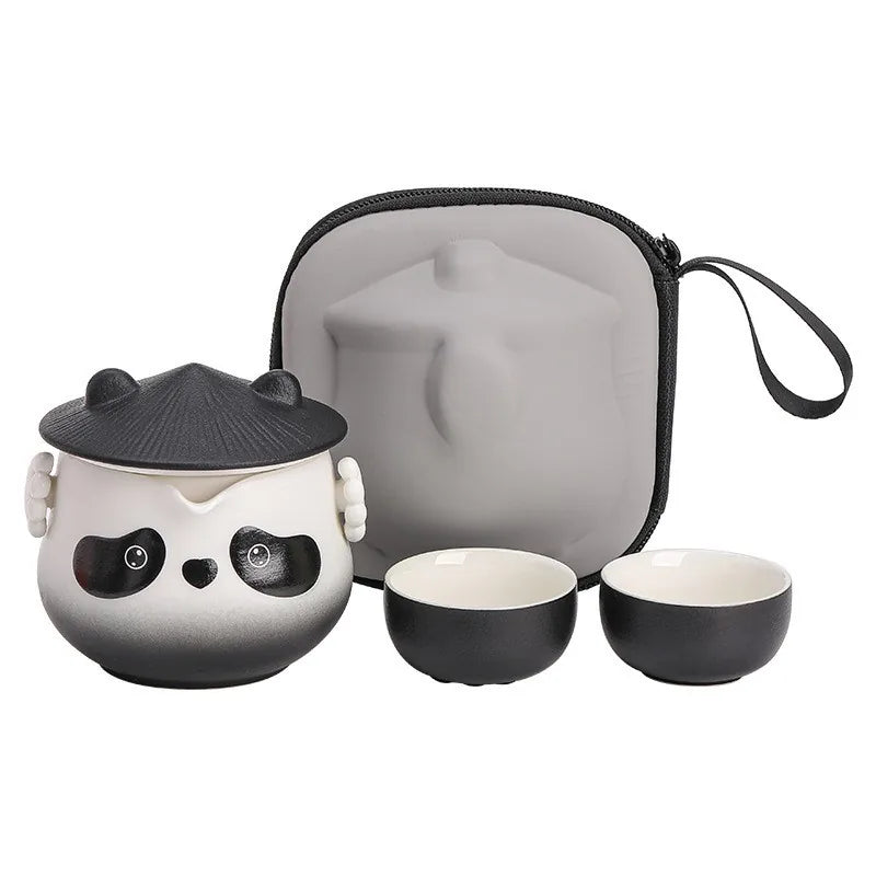 Panda-shaped porcelain kuaike travel tea set with two cups and grey zip case – photo 5