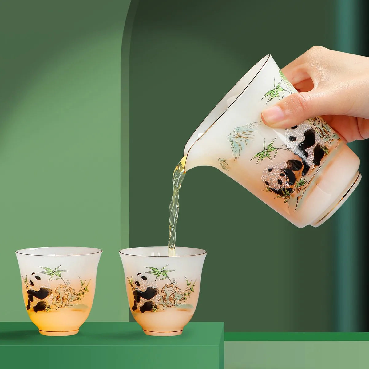 Panda porcelain Gongfu travel tea set with gaiwan, pitcher, six cups and round tray – photo 4