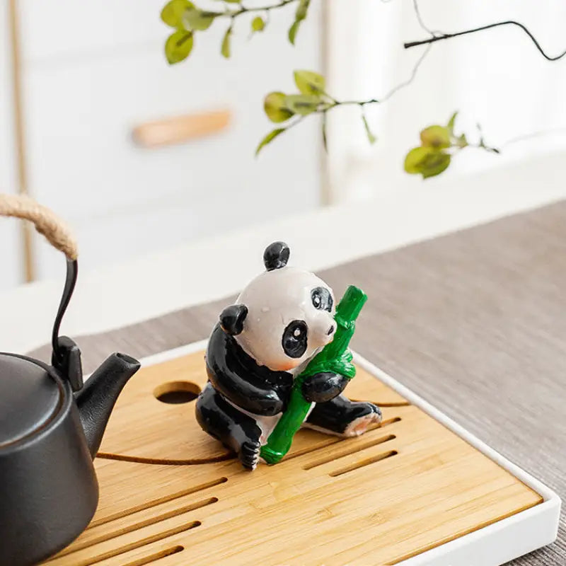 Ceramic Panda Tea Pet figurine holding bamboo, eco-friendly resin tea table accessory