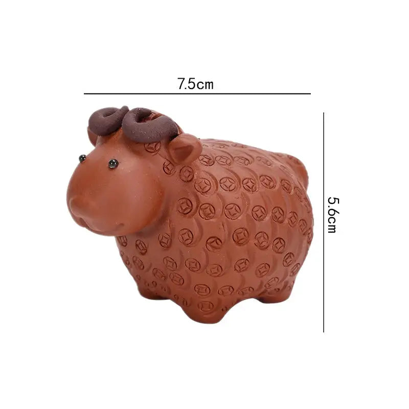 Brown ceramic sheep figurine Peaceful Ram for tea pets guide and feng shui decor