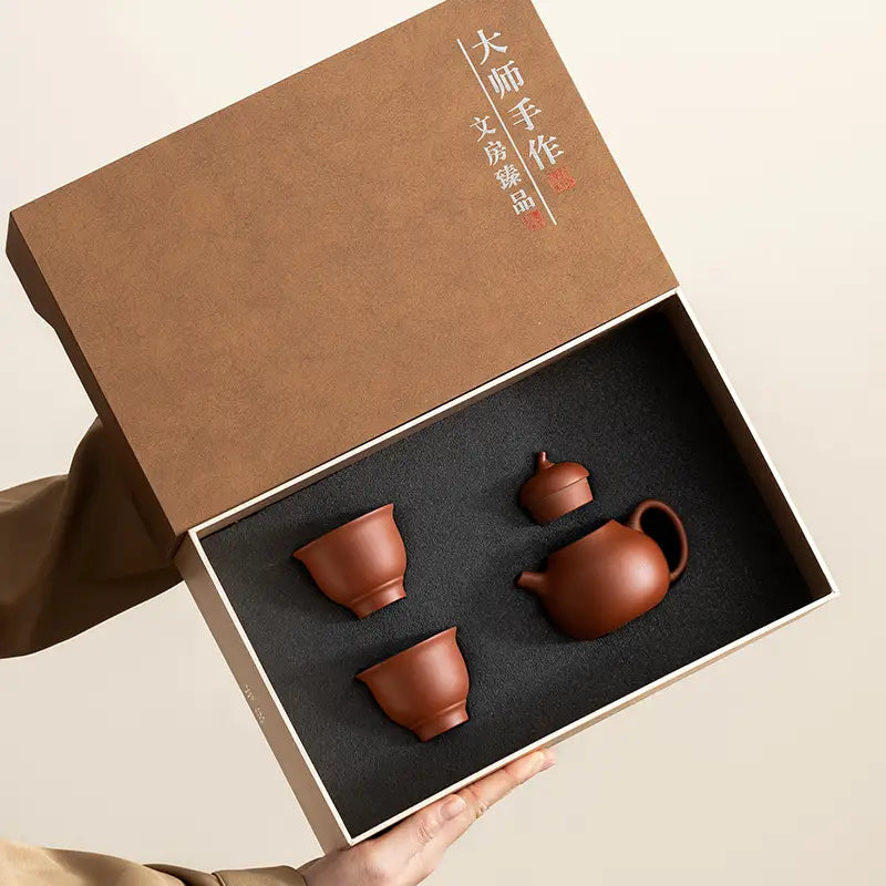 Brown Pearlight Yixing Zisha Tea Set in a box made from authentic zisha clay