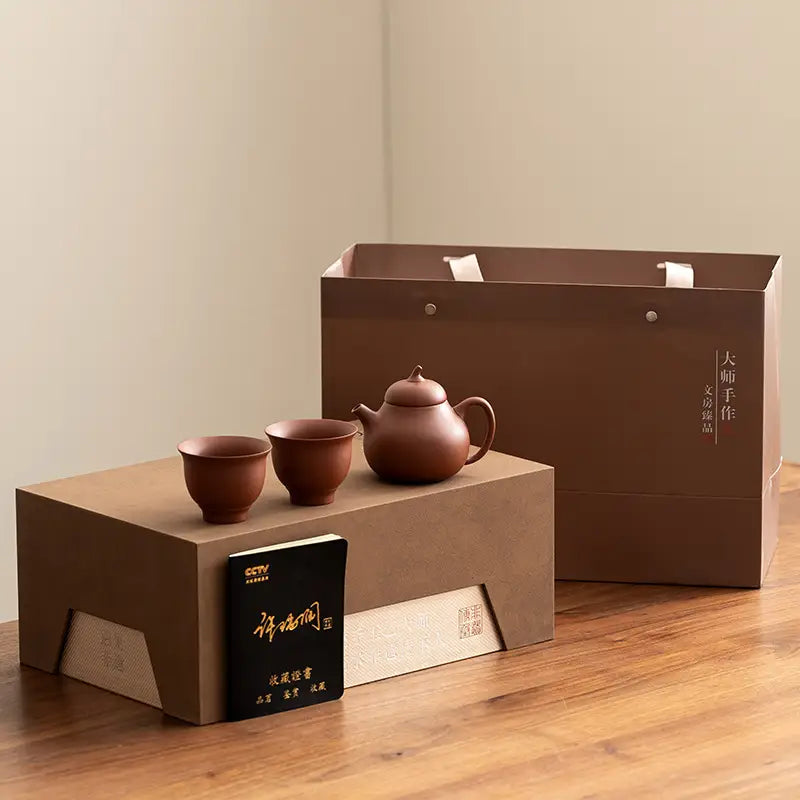 Earthenware tea set with gift packaging featuring Pearlight Yixing Zisha zisha clay craftsmanship