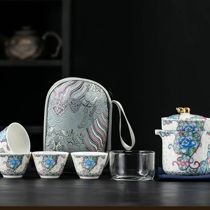 Peony Enamel-Style Travel Tea Set – Grey Patterned Case