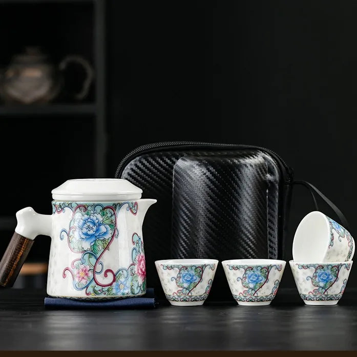 Peony Enamel-Style Travel Tea Set – Black Case
