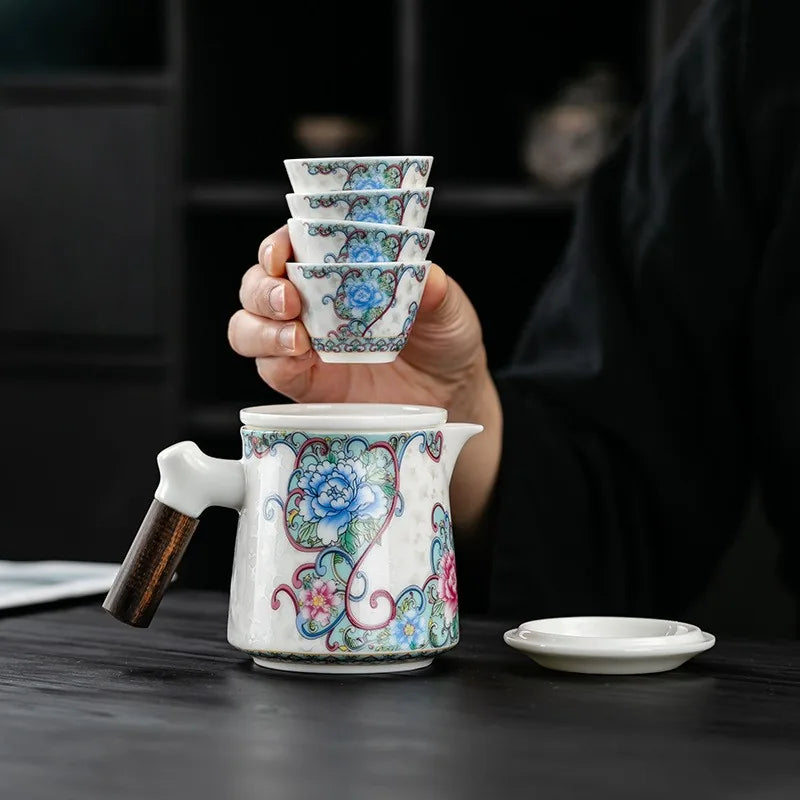 Colorful peony porcelain travel tea set with infuser teapot, cups and zip case – photo 3
