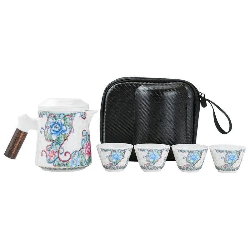 Colorful peony porcelain travel tea set with infuser teapot, cups and zip case – photo 5