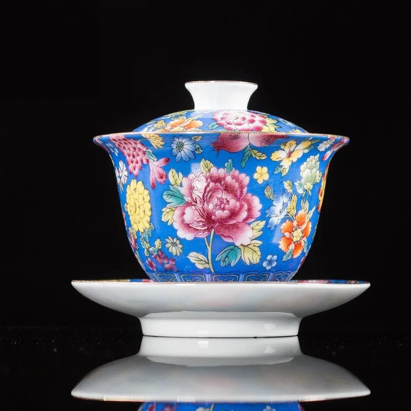 Peony Falangcai-Style Gaiwan – Navy Blue