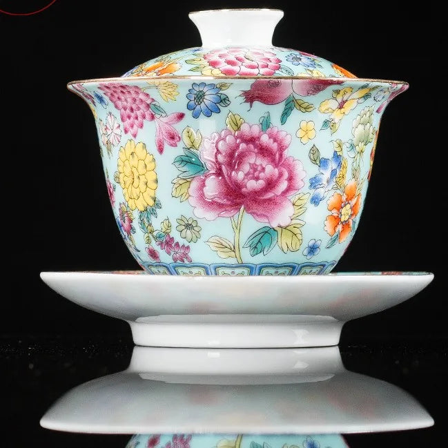Peony Falangcai-Style Gaiwan – Sky Blue
