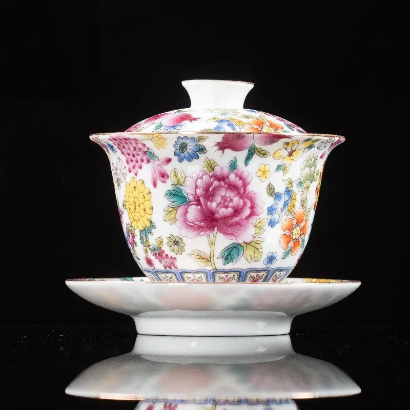 Peony Falangcai-Style Gaiwan – White