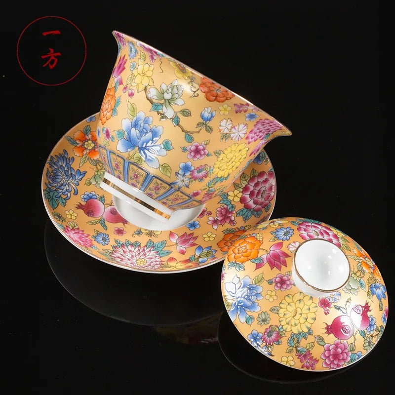 Peony falangcai-style gaiwan with gilding on golden yellow ground – photo 4