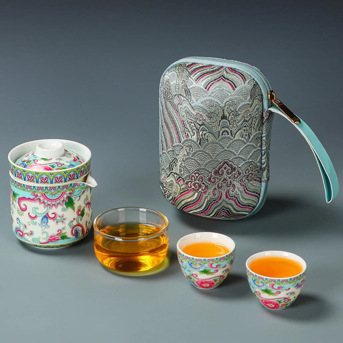Colorful peony falangcai-style porcelain kuaike travel tea set with cups and zip case – photo 1