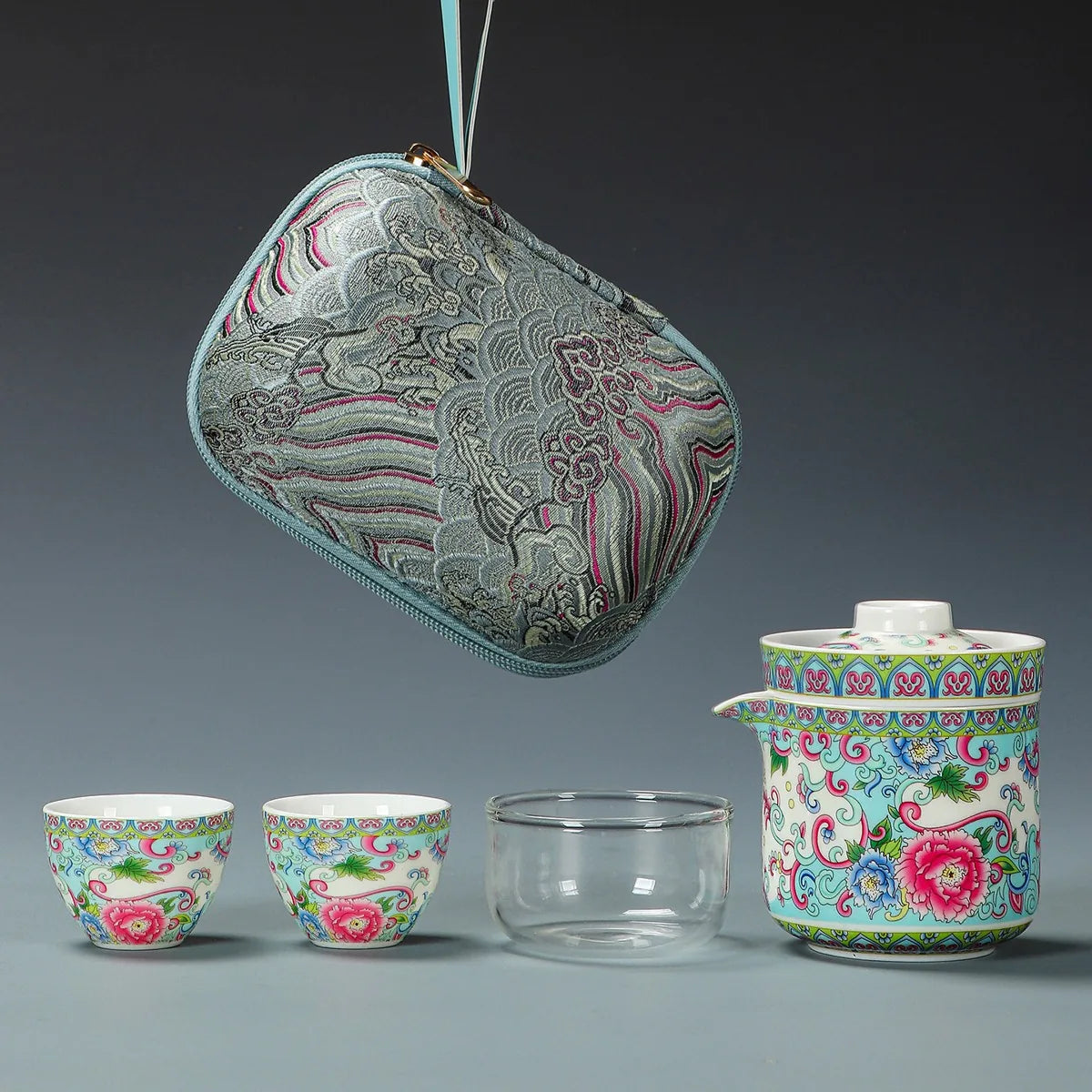 Colorful peony falangcai-style porcelain kuaike travel tea set with cups and zip case – photo 2