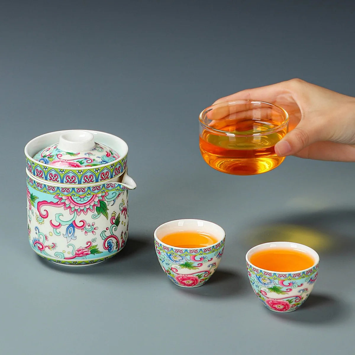 Colorful peony falangcai-style porcelain kuaike travel tea set with cups and zip case – photo 3