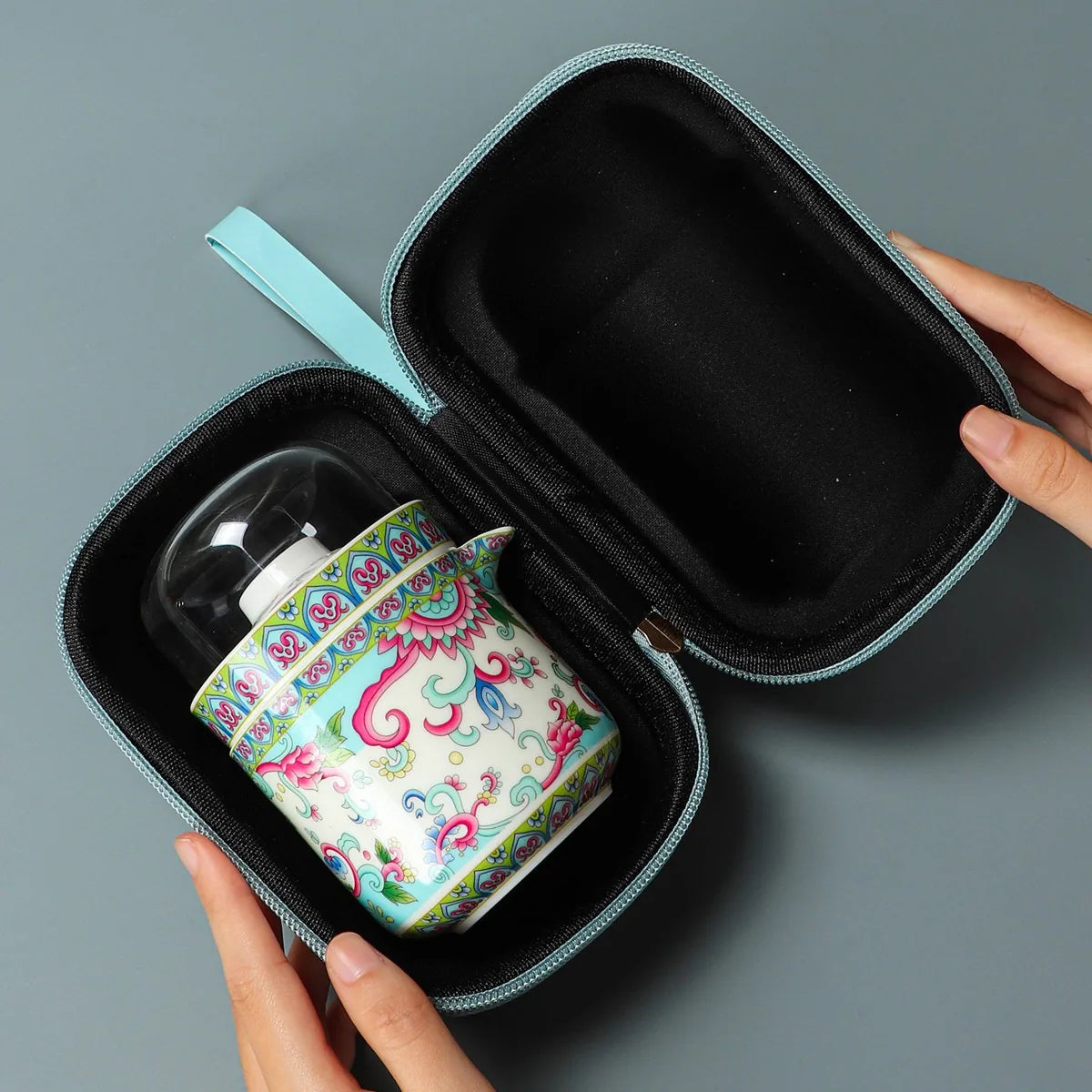 Colorful peony falangcai-style porcelain kuaike travel tea set with cups and zip case – photo 4
