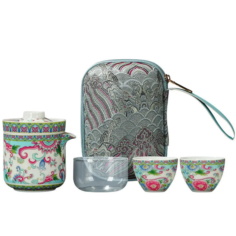 Colorful peony falangcai-style porcelain kuaike travel tea set with cups and zip case – photo 5