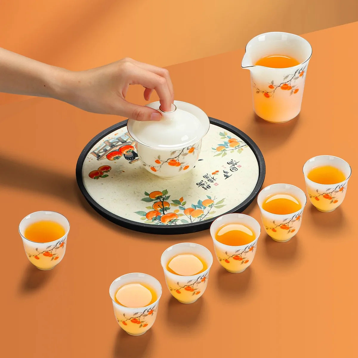 Persimmon porcelain Gongfu travel tea set with gaiwan, pitcher, six cups and round tray – photo 1