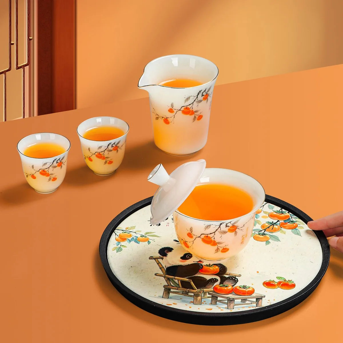 Persimmon porcelain Gongfu travel tea set with gaiwan, pitcher, six cups and round tray – photo 2